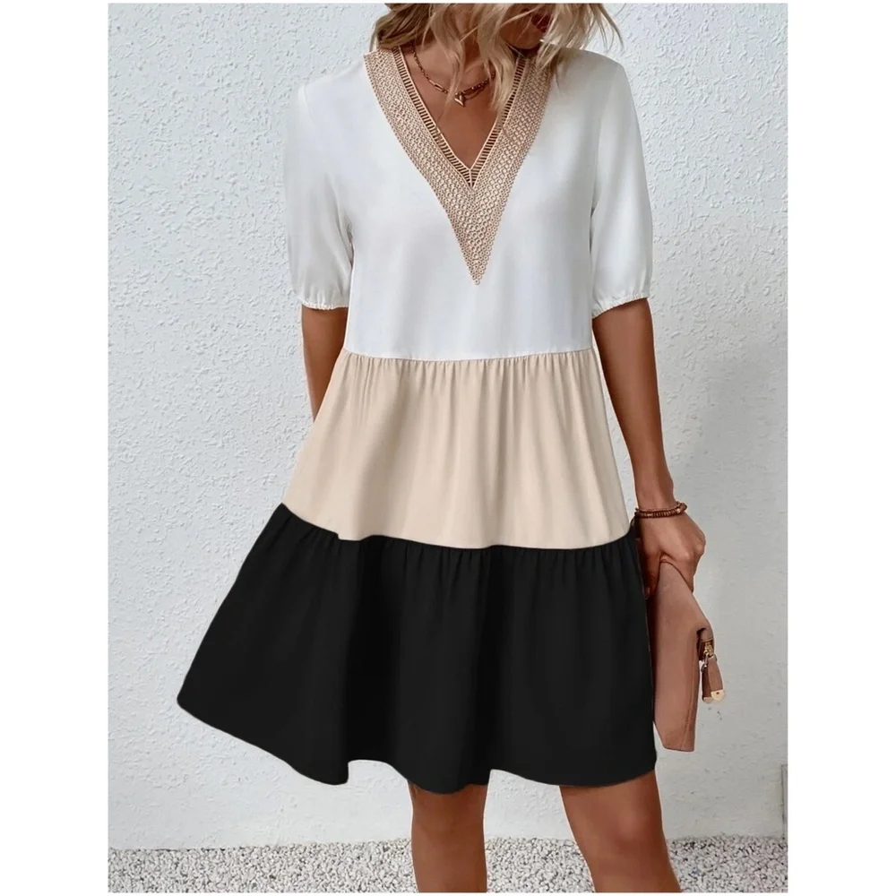 Boho Color Block Lace Oversized Mini Dress - Picture 10 of 13